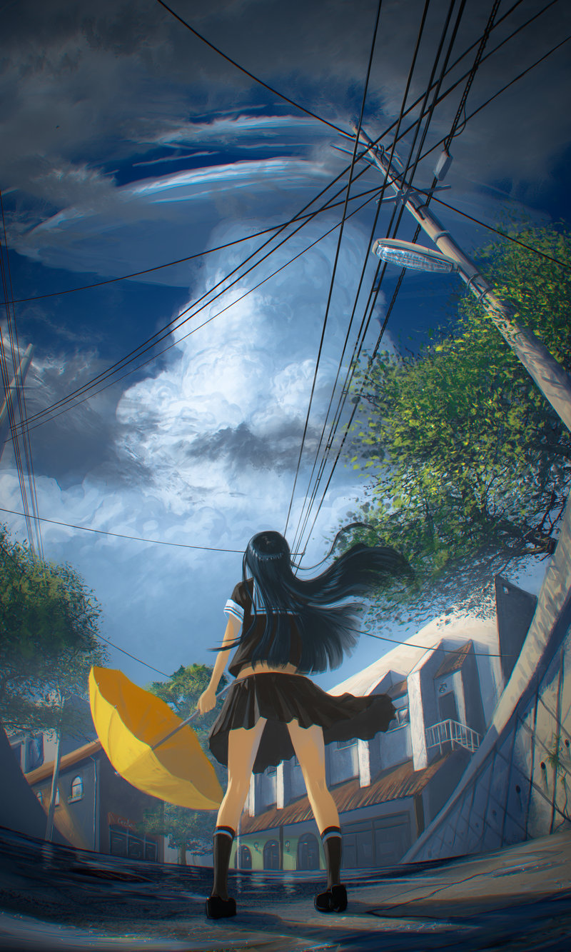 1girl, black_hair, clouds, from_behind, highres, justinas_vitkus, lamppost, long_hair, original, power_lines, road, scenery, school_uniform, serafuku, skirt, skirt_lift, sky, solo, street, tree, umbrella, water, wind