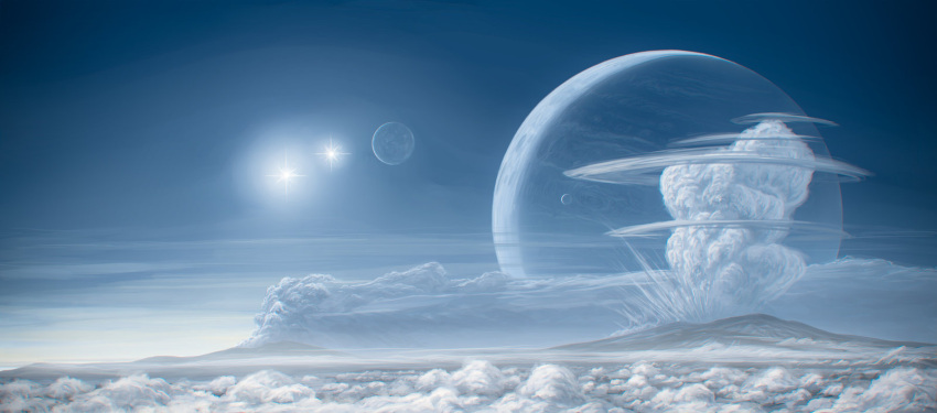 above_clouds, blue, clouds, eruption, highres, justinas_vitkus, moon, multiple_moons