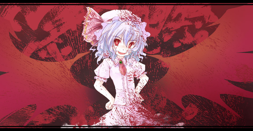 blood, demupausagi, purple_hair, red_eyes, remilia_scarlet, short_hair, solo, touhou