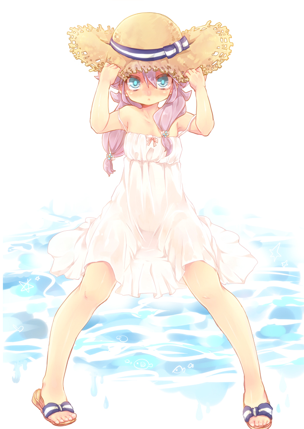 1boy, amemiya_taiyou, bare_shoulders, blue_eyes, crossdressinging, dress, fusion, hat, heart, inazuma_eleven_(series), inazuma_eleven_go, inazuma_eleven_go_chrono_stone, long_hair, looking_at_viewer, male, mars_symbol, monochrome, pigeon-toed, purple_hair, sandals, see-through, solo, straw_hat, sun_hat, sundress, tobi_(one), trap, white_background, zhuge_kongming_(inazuma_eleven)