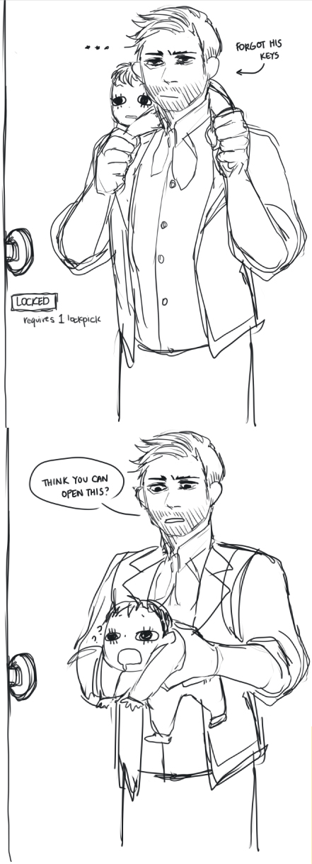 ?, ascot, baby, bioshock, bioshock_infinite, black_hair, booker_dewitt, carrying