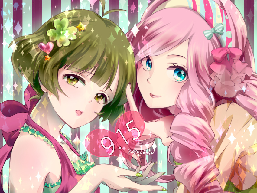 2boys, akizuki_ryou, antenna_hair, bare_shoulders, blue_eyes, blush, crossdressinging, crossover