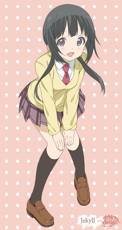 1girl, :d, aiura, black_eyes, black_hair, black_legwear, hands_on_knees, kneehighs