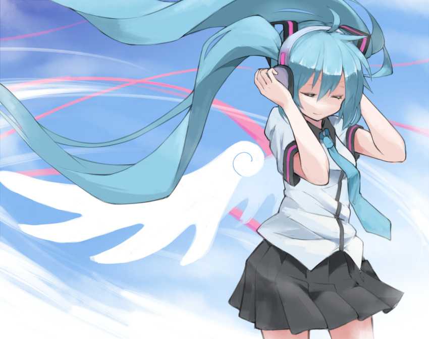 1girl, ahoge, aqua_hair, closed_eyes, floating_hair, hands_on_headphones, hatsune_miku, headphones