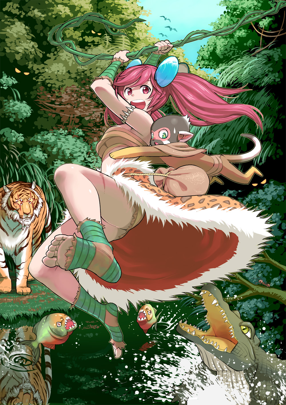 +_+, 1girl, alligator, bird, crocodilian, drooling, hair_ornament, highres