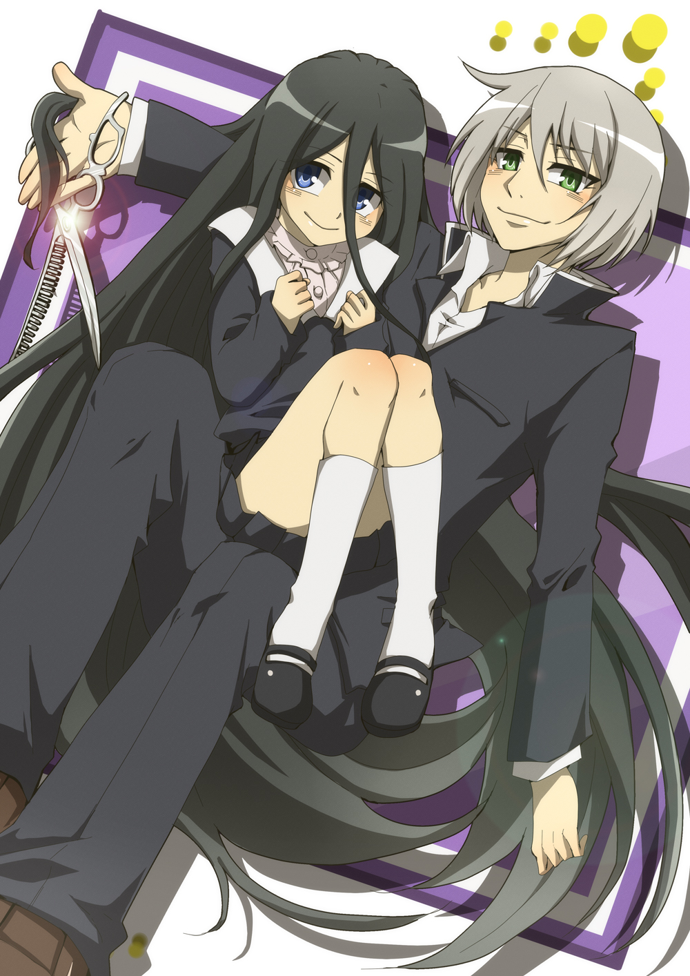 1boy, 1girl, absurdly_long_hair, black_hair, blue_eyes, dansai_bunri_no_crime_edge, green_eyes, haimura_kiri