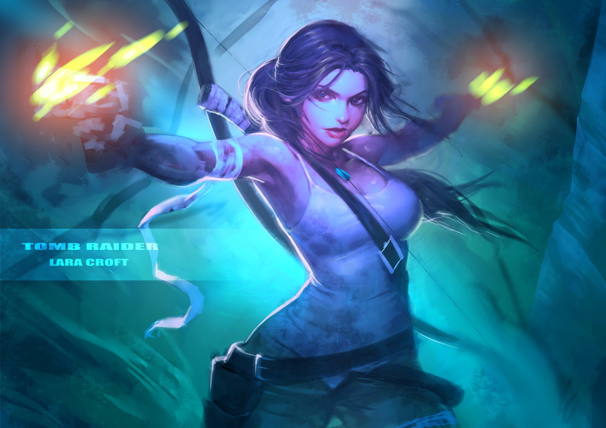 1girl, bow_(weapon), brown_eyes, brown_hair, dual_wielding, gun, lara_croft, lips, pistol, pixiv_tomb_raider_contest, solo, tank_top, tomb_raider, trickyagura, weapon