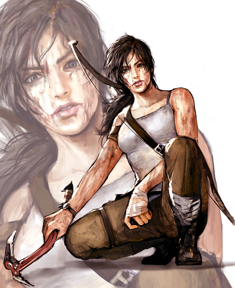 1girl, bandages, bow_(weapon), brown_hair, dirty, ice_axe, lara_croft, lips