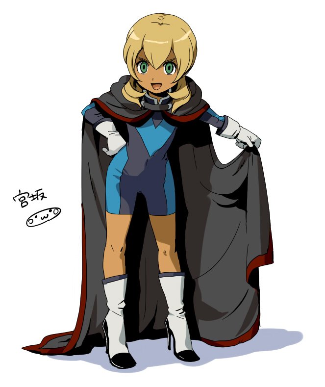 1boy, alternate_costume, androgynous, blonde_hair, bodysuit, boots, cape, dark_emperors, globes, green_eyes, high_heels, inazuma_eleven, inazuma_eleven_(series), long_hair, male, miyasaka_ryou, mizuhara_aki, navel, open_mouth, shoes, simple_background, skin_tight, soccer_uniform, solo, standing, tan, white_background