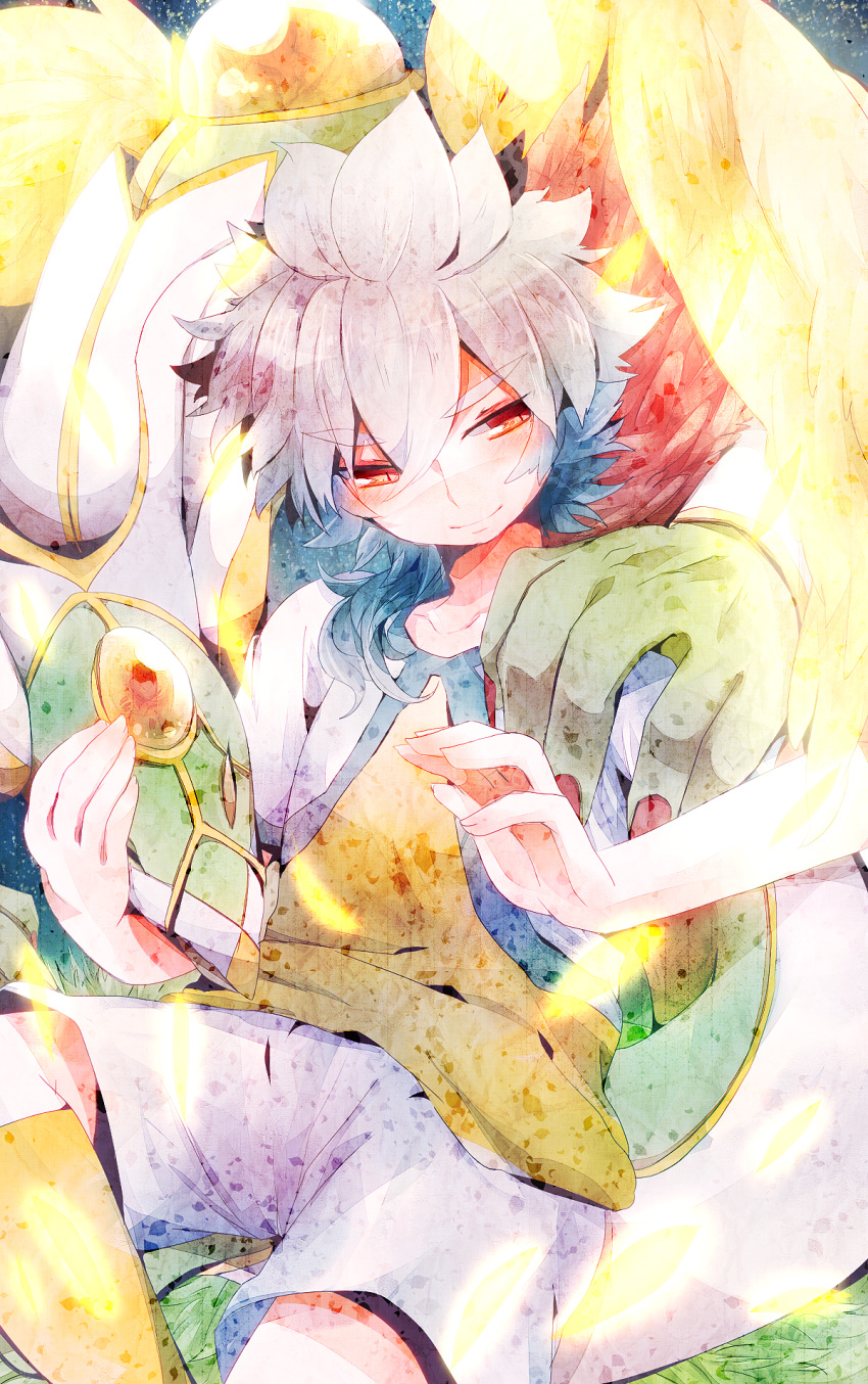 1boy, hakuryuu_(inazuma_eleven), highres, inazuma_eleven_(series), inazuma_eleven_go, kosugi_nozomu, long_hair, male, multicolored_hair, red_eyes, shining_dragon, smile, soccer_uniform, two-tone_hair, unlimited_shining