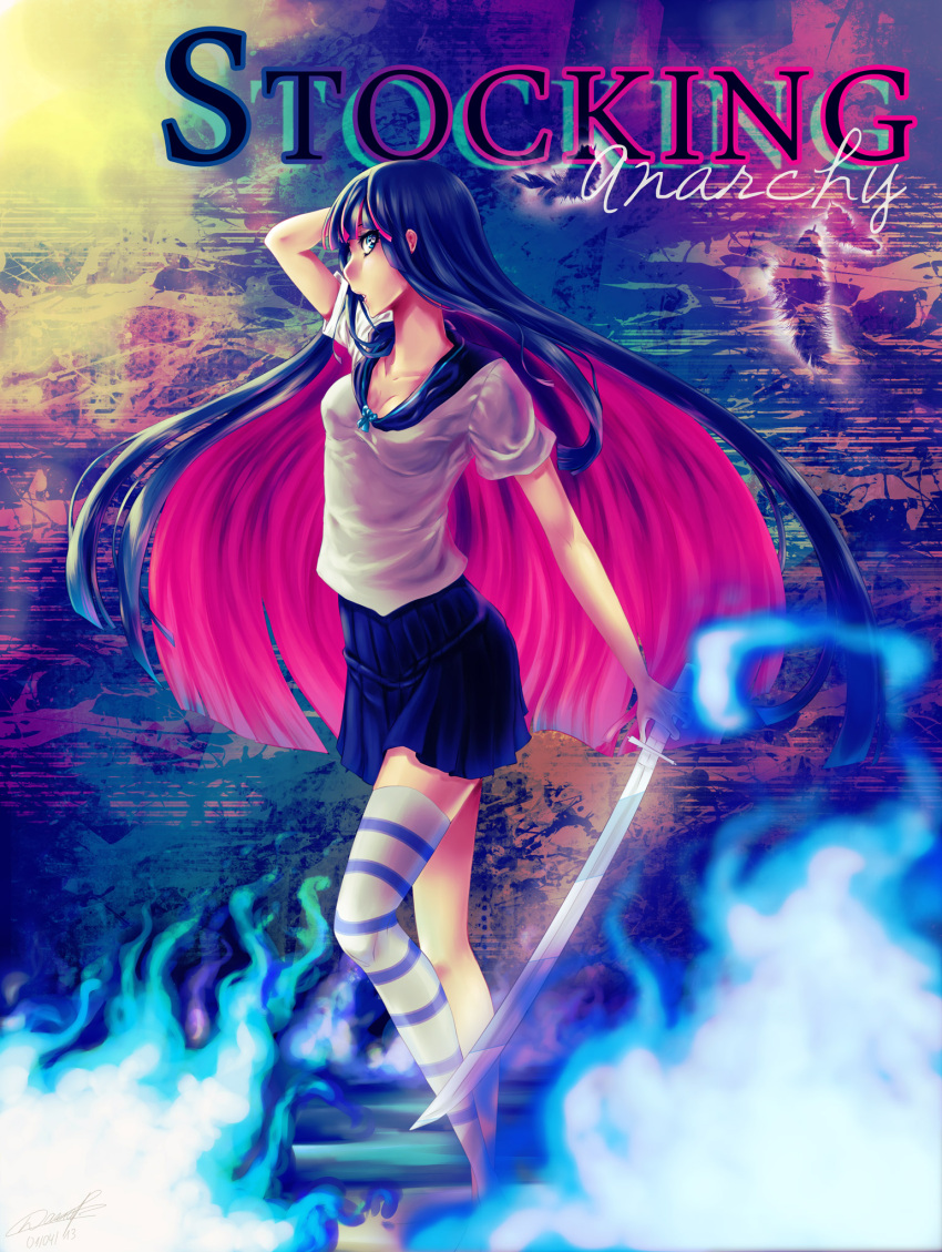 1girl, 2013, arm_up, blue_hair, character_name, dariap_(mikkie), dated, fire