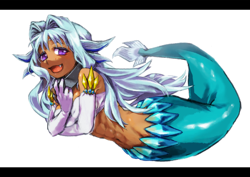 1girl, abs, anchor, bandeau, blue_hair, collar, dark_skin, elbow_gloves