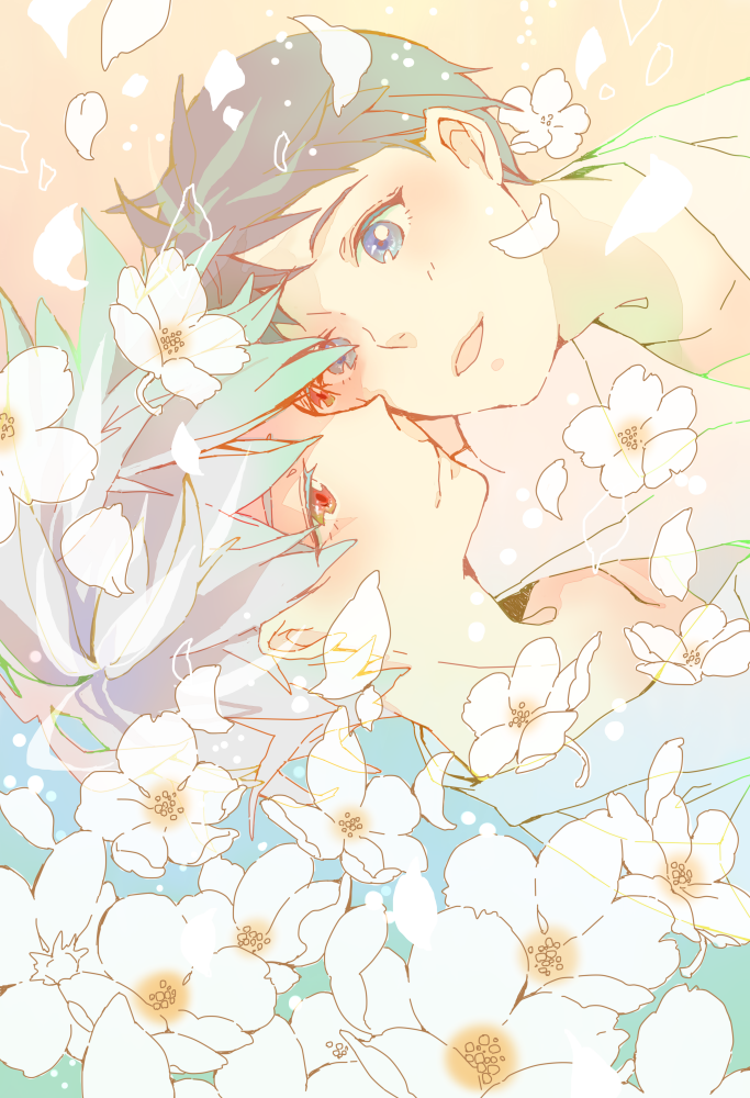 2boys, blue_eyes, brown_hair, flower, gumi_(kumi), ikari_shinji, multiple_boys, nagisa_kaworu, neon_genesis_evangelion, petals, short_hair, smile, white_hair