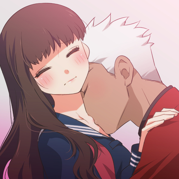 1boy, 1girl, archer, blush, brown_hair, closed_eyes, couple, dark_skin