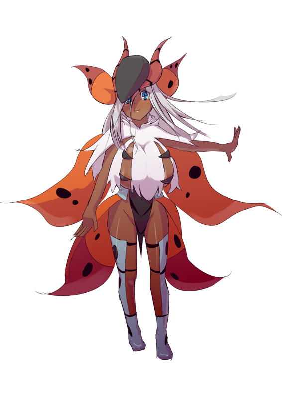 0peko, 1girl, blue_eyes, dark_skin, long_hair, multiple_wings, personification, pokemon, simple_background, smile, solo, volcarona, white_background, white_hair, wings