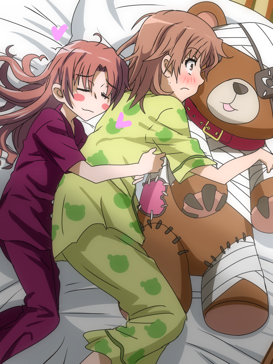 2girls, bandages, blush_stickers, brown_eyes, brown_hair, eyepatch, highres, hug