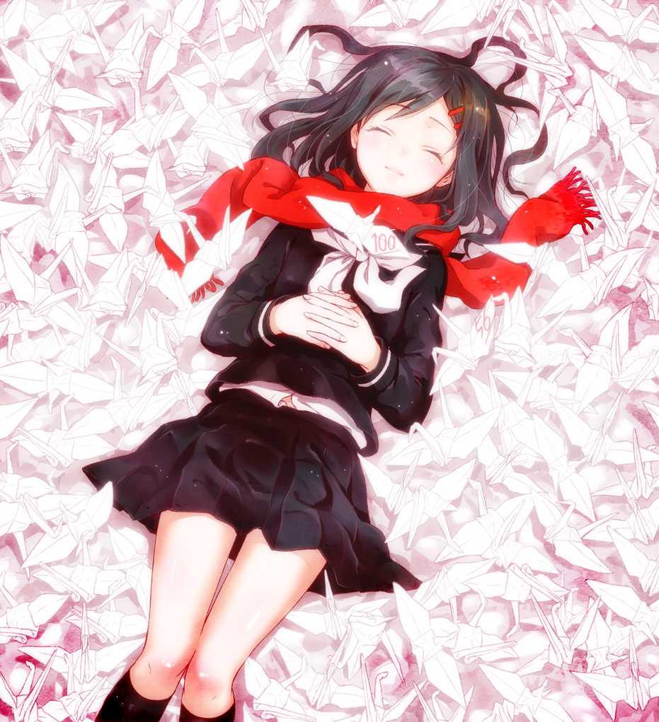 1girl, ayano_(kagerou_project), ayano_no_koufuku_riron_(vocaloid), black_hair, chikaya, closed_eyes, hair_ornament, hairclip, kagerou_project, long_hair, lying, paper, paper_crane, scarf, school_uniform