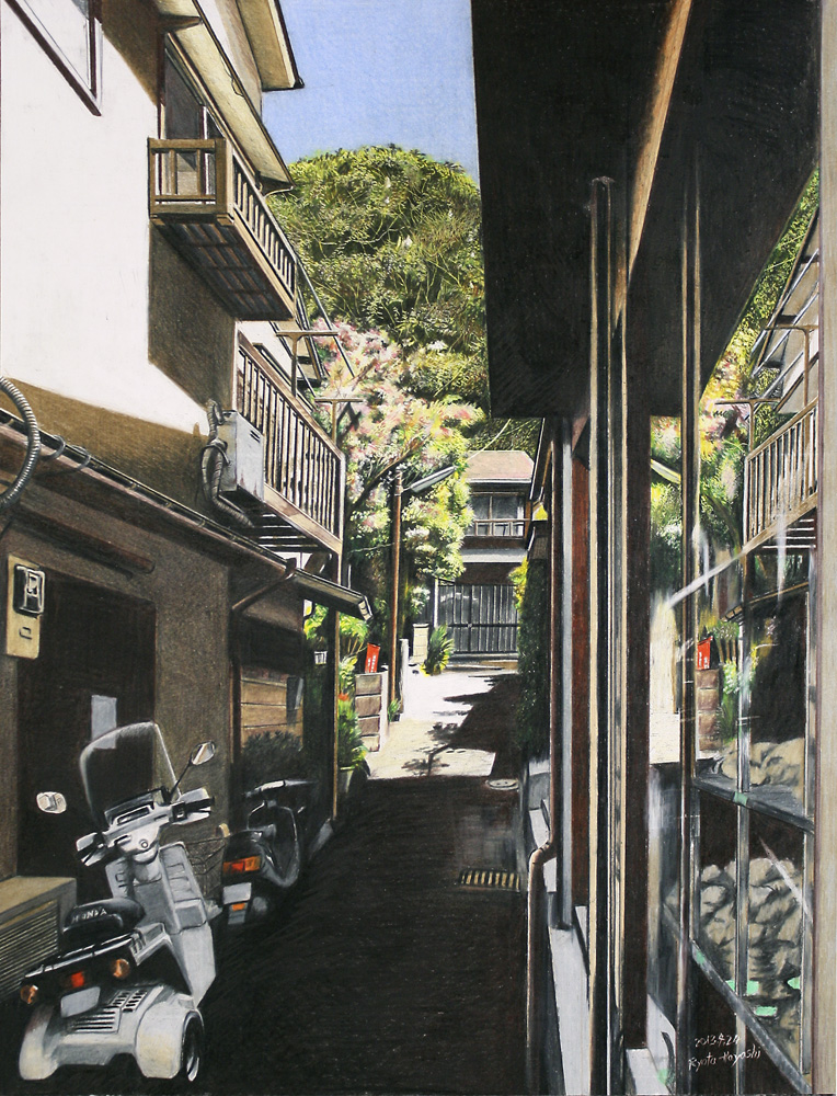 building, dated, lamppost, moped, no_humans, original, plant, power_lines