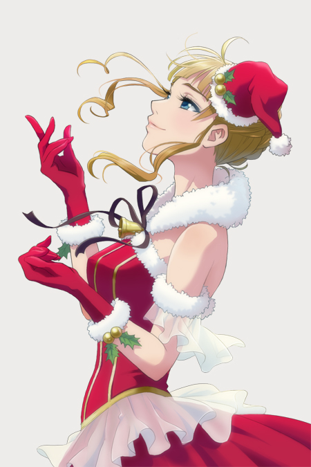 1girl, beatrice, bell, blonde_hair, blue_eyes, dress, fur_trim, gloves, hair_bun, hat, holly, mini_santa_hat, profile, ribbon, santa_costume, smile, umineko_no_naku_koro_ni, yachiwo