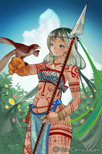 1girl, bird, blue_eyes, bodypaint, bracelet, clouds, earrings, gonzales_rocky