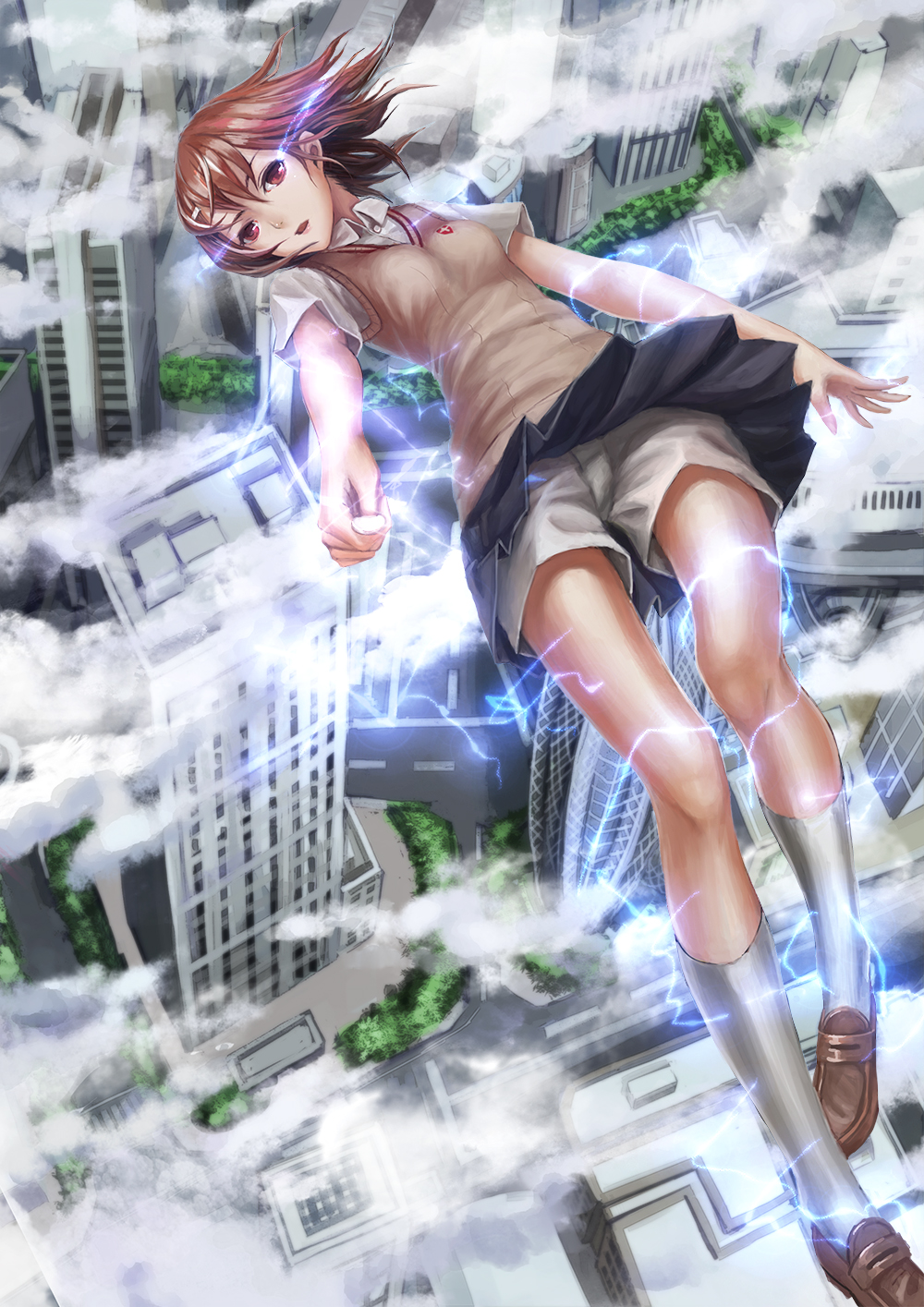 1girl, breasts, brown_eyes, brown_hair, city, clouds, coin, electricity