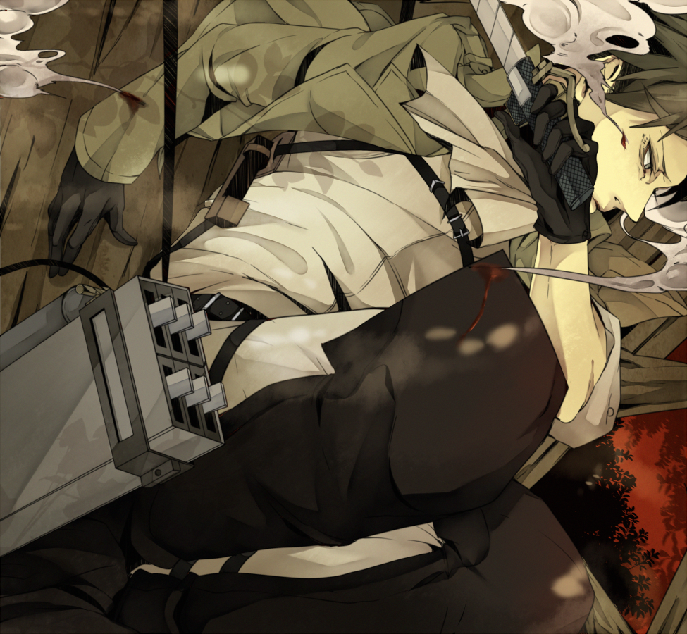 1boy, black_hair, blood, boots, cable, cape, cuts, gloves, injury, naplus, rivaille, shingeki_no_kyojin, smoke, solo, sword, thigh-highs, thigh_boots, thigh_strap, weapon, wire