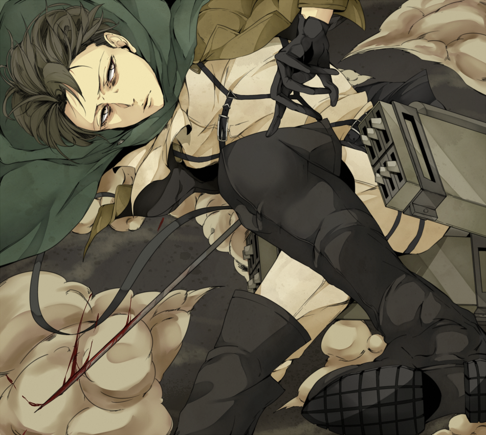 1boy, black_hair, blood, boots, cable, cape, gloves, naplus