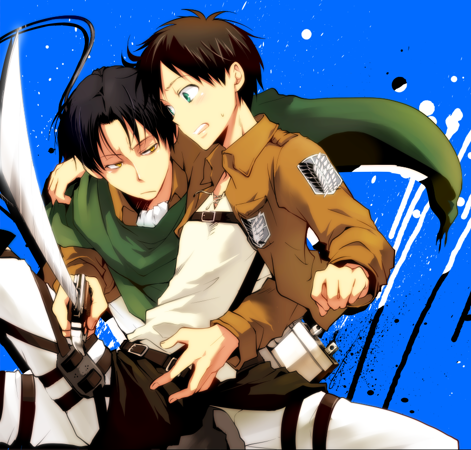 2boys, asket, black_hair, blue_eyes, brown_eyes, carrying, eren_jaeger, jacket