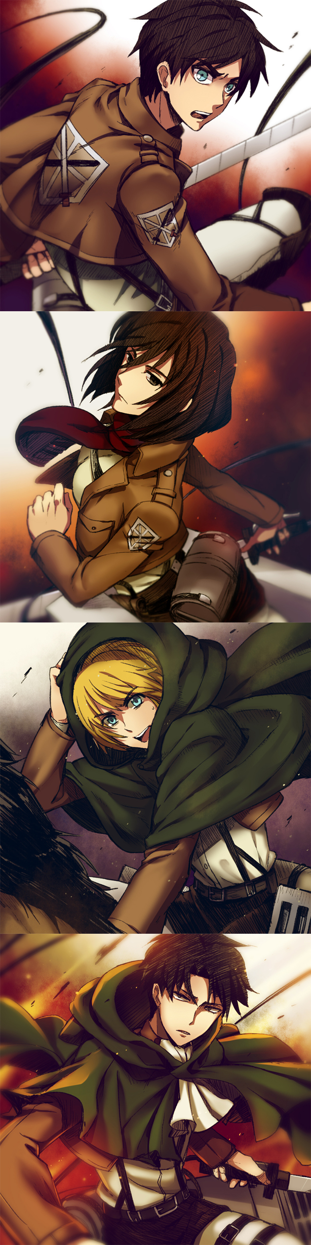 1girl, 3boys, absurdres, amir_(artist), armin_arlert, ascot, black_hair, blonde_hair, blue_eyes, cape, eren_jaeger, fire, highres, hood, levi_(shingeki_no_kyojin), long_image, mikasa_ackerman, multiple_boys, scarf, shingeki_no_kyojin, sword, tall_image, weapon