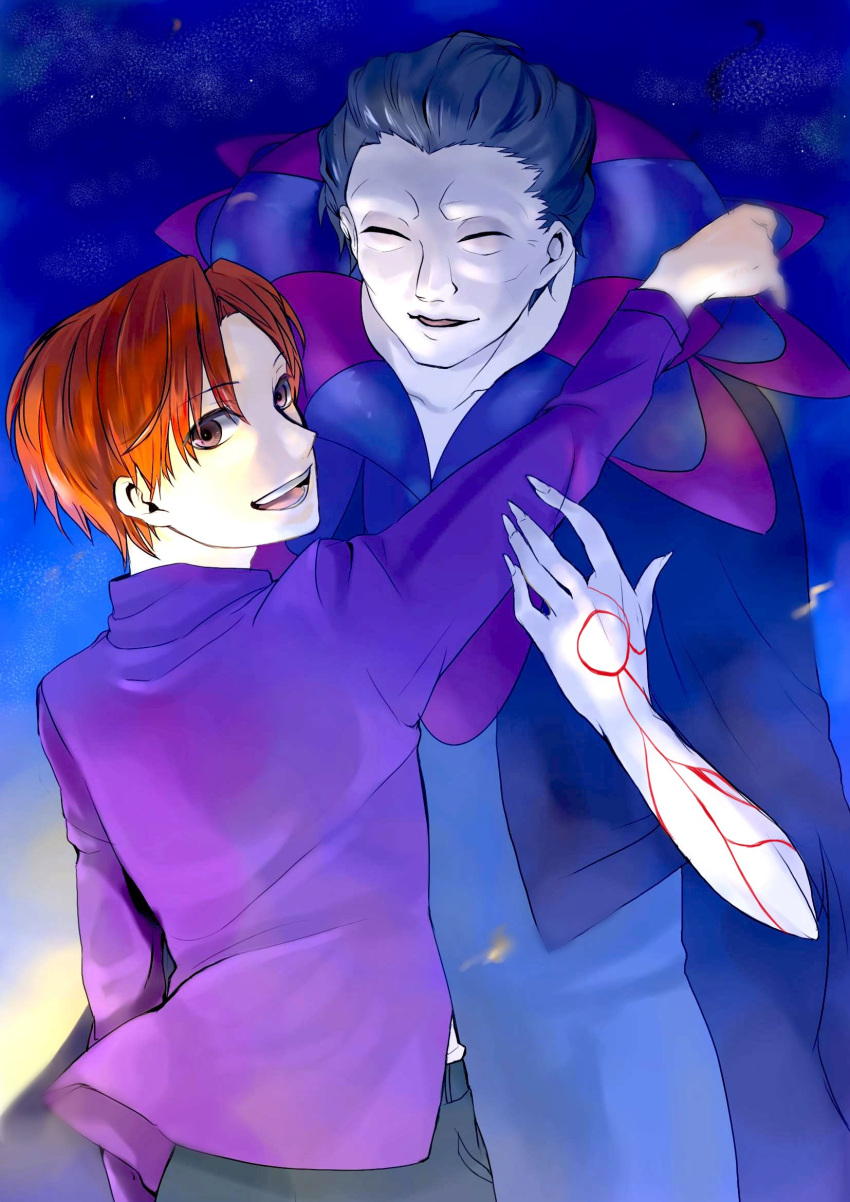 2boys, ^_^, back_hair, brown_eyes, caster_(fate/zero), closed_eyes, fate/zero, fate_(series), highres, jacket, moyashi252, multiple_boys, orange_hair, purple_jacket, uryuu_ryuunosuke
