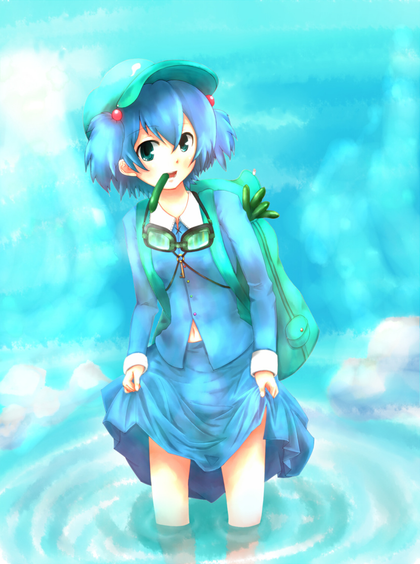 backpack, bag, blue_eyes, blue_hair, cucumber, goggles, hair_bobbles, hair_ornament