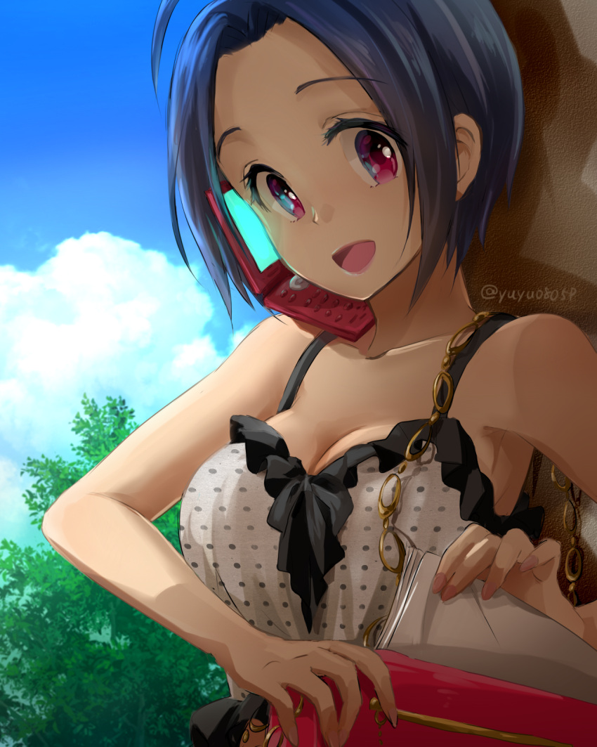 1girl, ahoge, blue_hair, breasts, cellphone, cleavage, happy, highres