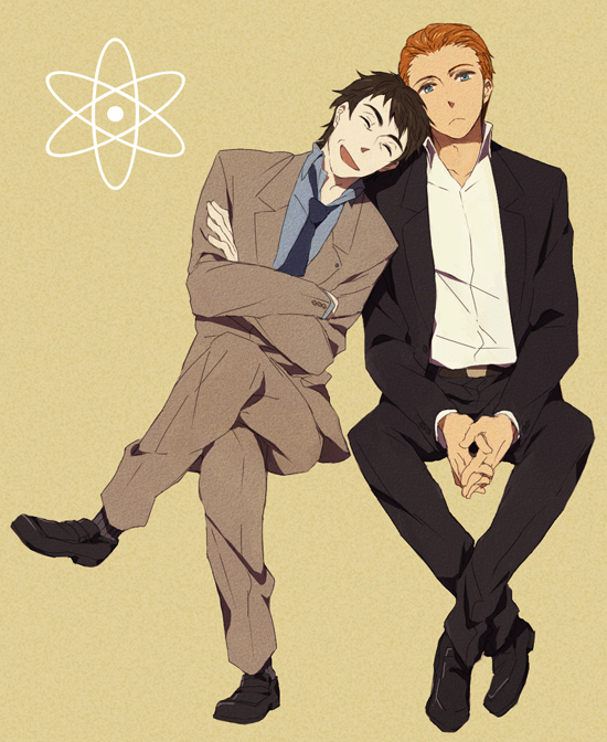 2boys, android, black_hair, blue_eyes, brown_hair, closed_eyes, elijah_baley, formal