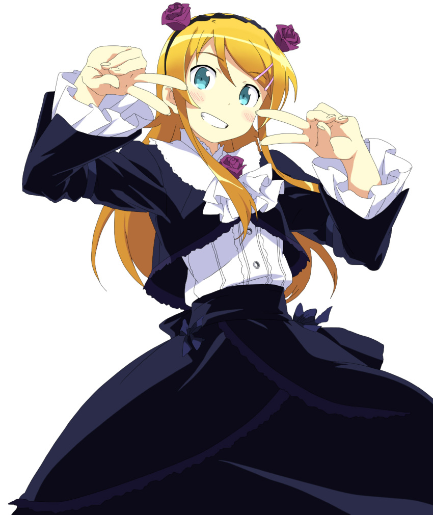 1girl, blue_eyes, double_v, gokou_ruri, gokou_ruri_(cosplay), highres, kousaka_kirino, long_hair