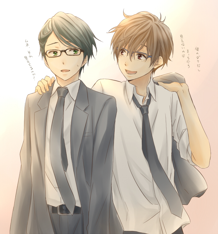 2boys, black_hair, brown_hair, formal, glasses, green_eyes, hand_on_shoulder, happy