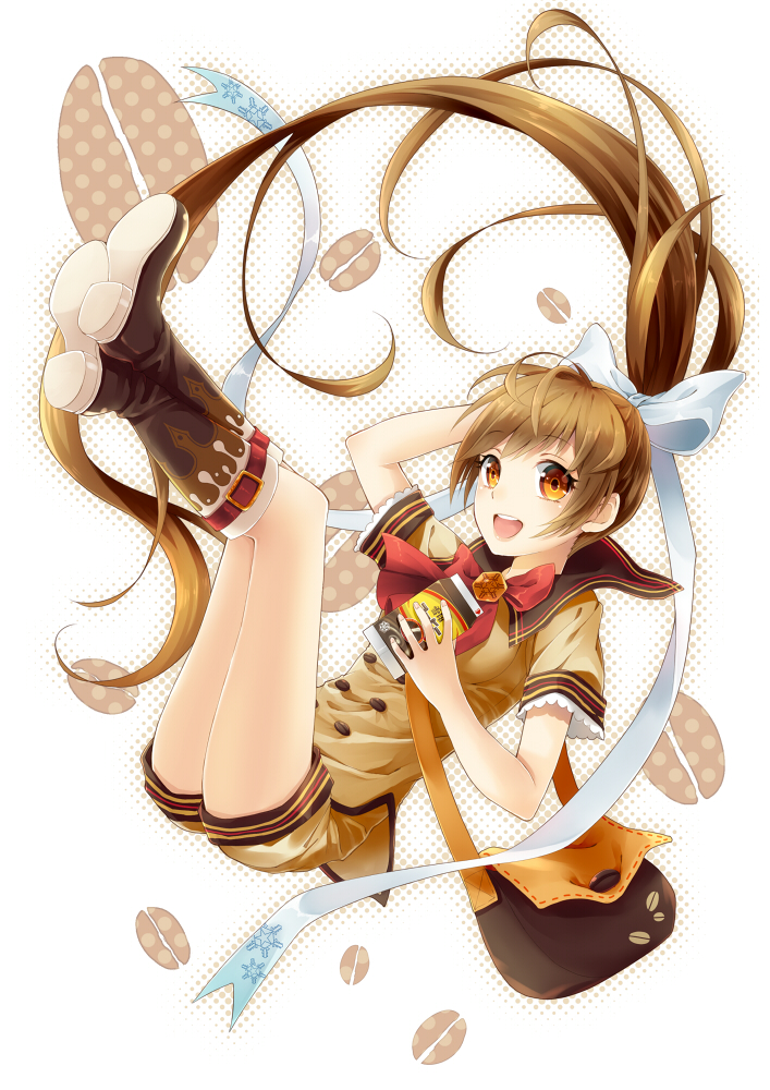 1girl, absurdly_long_hair, bag, blush, boots, bow, brooch, brown_eyes