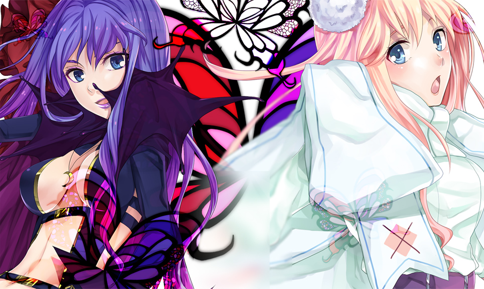 blonde_hair, blue_eyes, breasts, butterfly, cleavage, dual_persona, eyeshadow, hair_ornament