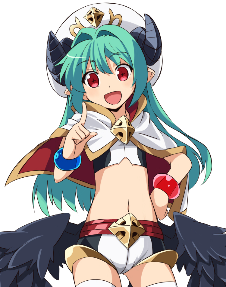 +_+, 1girl, capelet, character_request, chikuwa_(majihima), demon_horns, green_hair, hand_on_hip, long_hair, looking_at_viewer, low_wings, midriff, navel, open_mouth, red_eyes, shinrabanshou, simple_background, solo, thigh-highs, white_background, wings