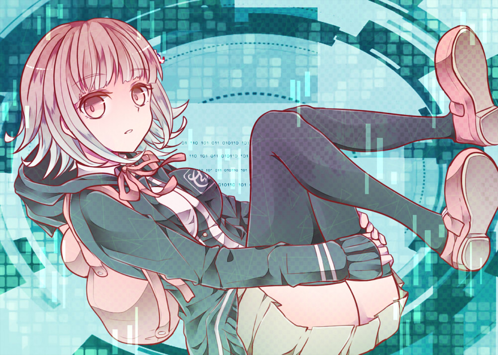 1girl, backpack, bag, black_legwear, breasts, dangan_ronpa, hoodie, large_breasts, leg_hug, nanami_chiaki, pink_eyes, pink_hair, pleated_skirt, skirt, solo, sonoruru3131, super_dangan_ronpa_2, thigh-highs