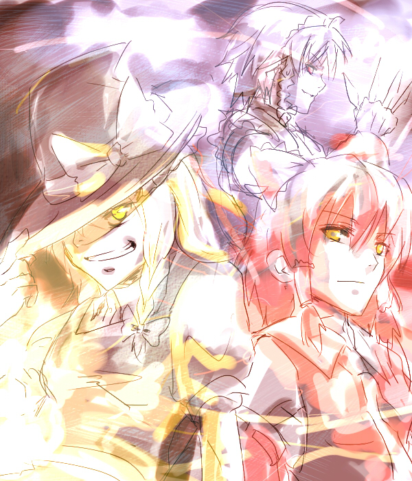 bad_id, blonde_hair, braid, daken_(artist), detached_sleeves, grin, hair_ornament, hair_over_one_eye