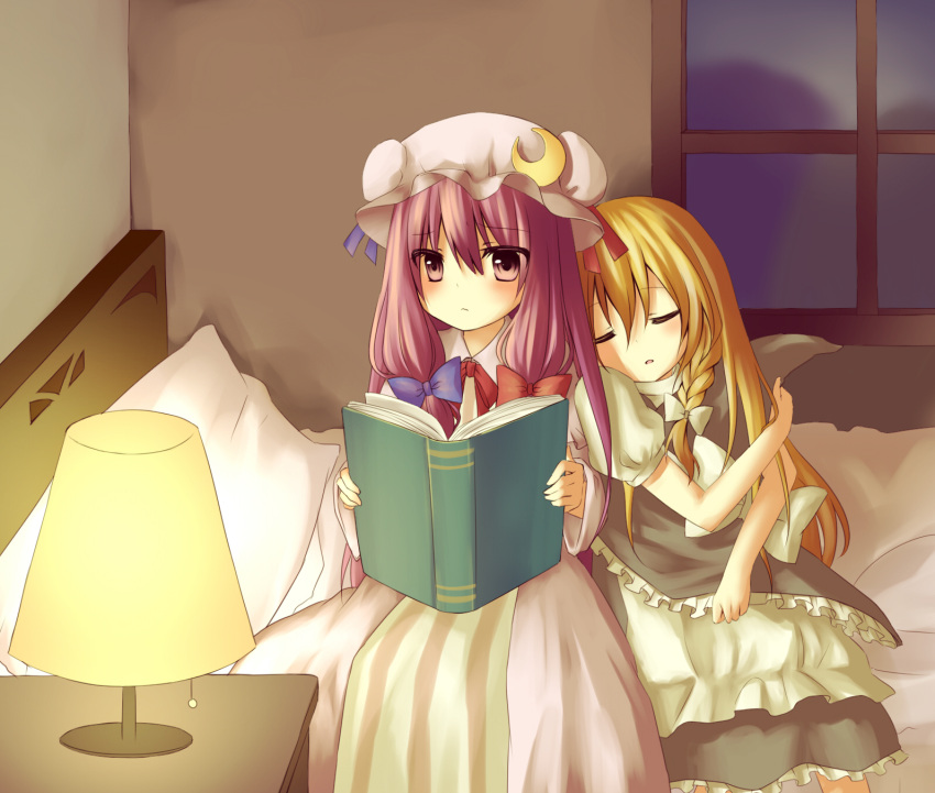 amane_kurumi, amene_kurumi, bed, blonde_hair, book, braid, closed_eyes, crescent
