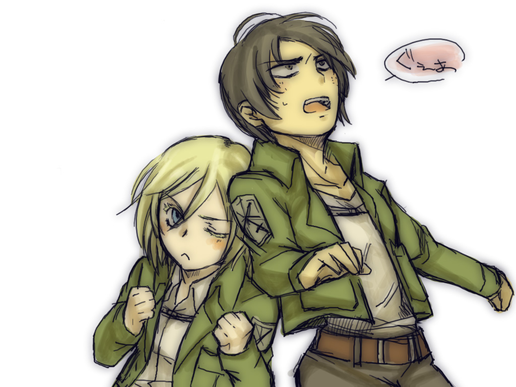 2girls, black_hair, blonde_hair, blue_eyes, blush, christa_renz, jacket, kzkr