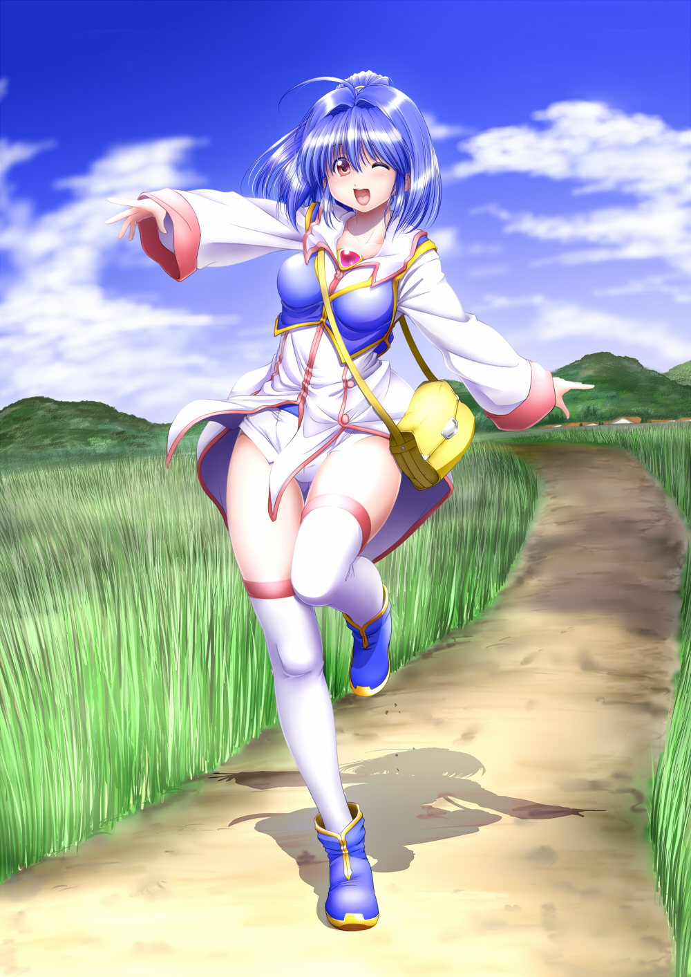 1girl, bag, boots, clouds, grass, hair_intake, highres, kuroi_ekaki