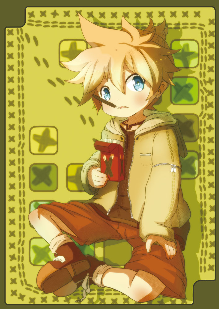 1boy, blonde_hair, blue_eyes, blush, itaru, jacket, kagamine_len, male