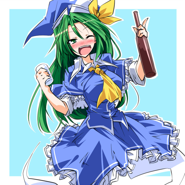 1girl, ascot, blush, cup, drunk, ghost_tail, green_eyes, green_hair