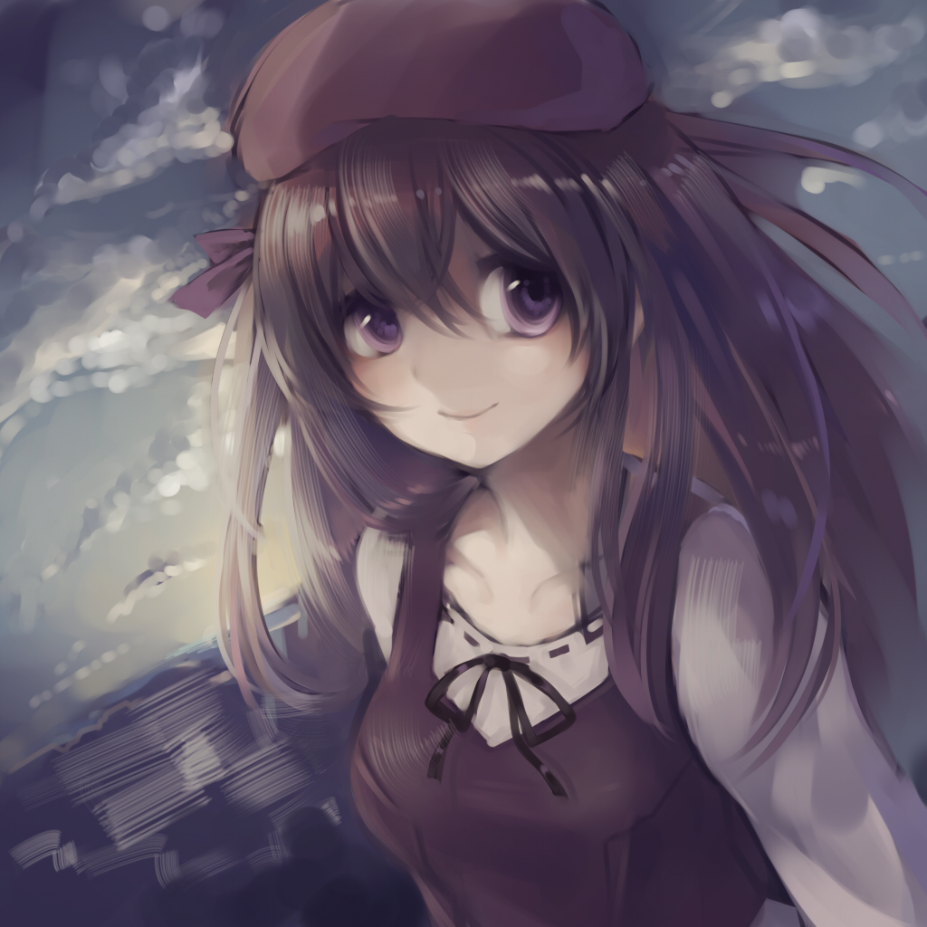 1girl, beret, hat, long_hair, purple_hair, ribbon, shihou_matsuri, sky