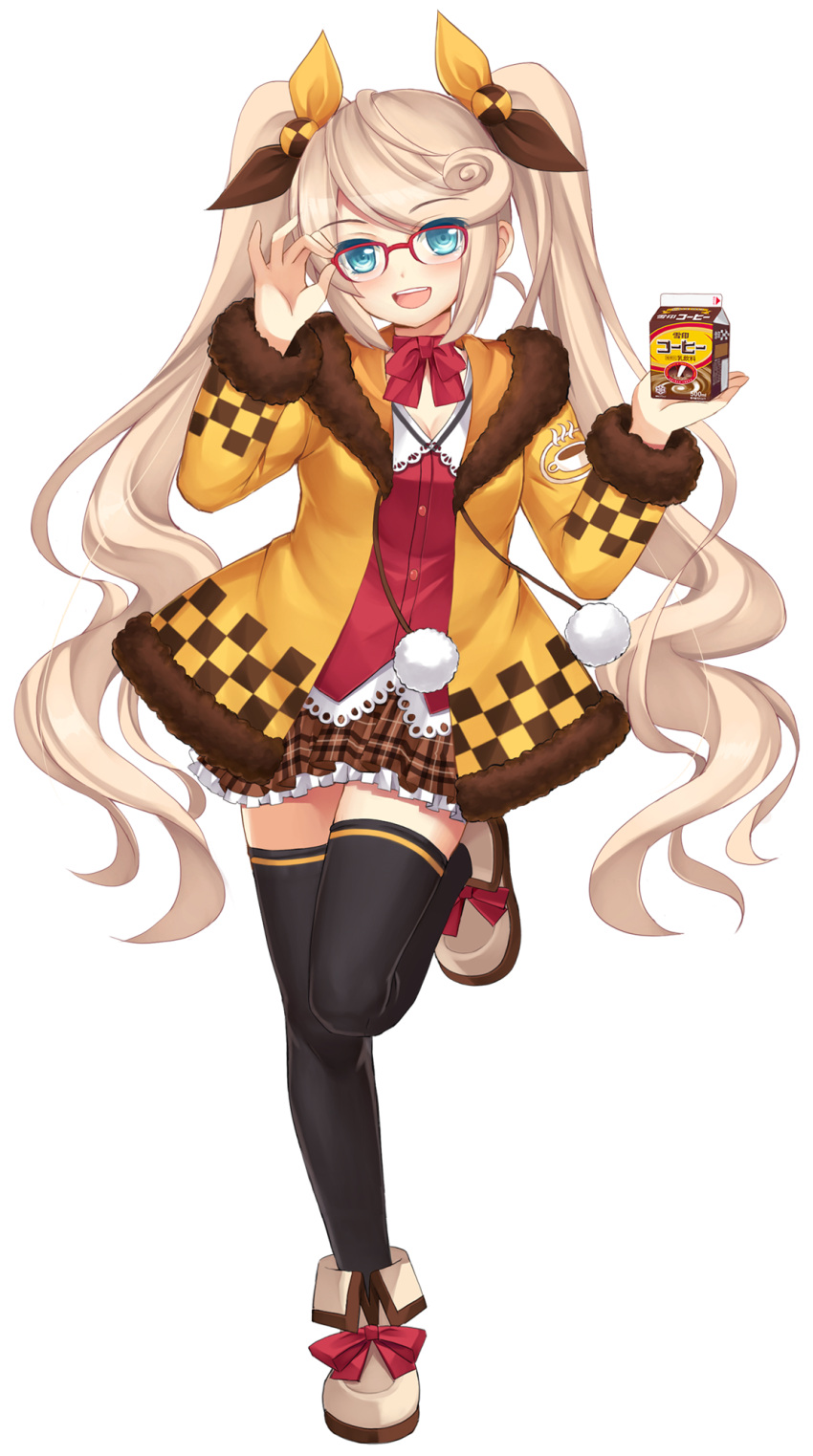 1girl, :d, black_legwear, blonde_hair, blue_eyes, bow, glasses, hair_bow