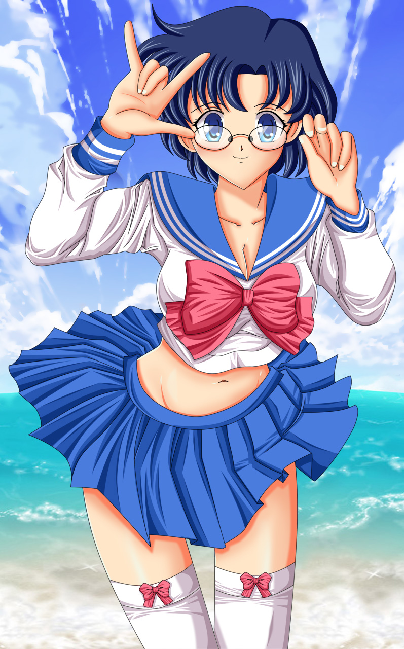 1girl, bespectacled, bishoujo_senshi_sailor_moon, blue_eyes, blue_hair, bow, breasts, cleavage