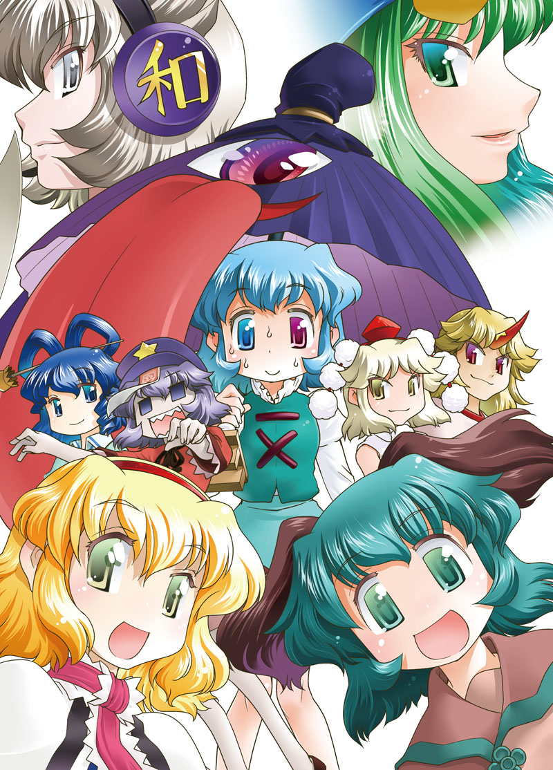 6+girls, alice_margatroid, animal_ears, artist_self-insert, beret, blue_eyes, blue_hair, cape