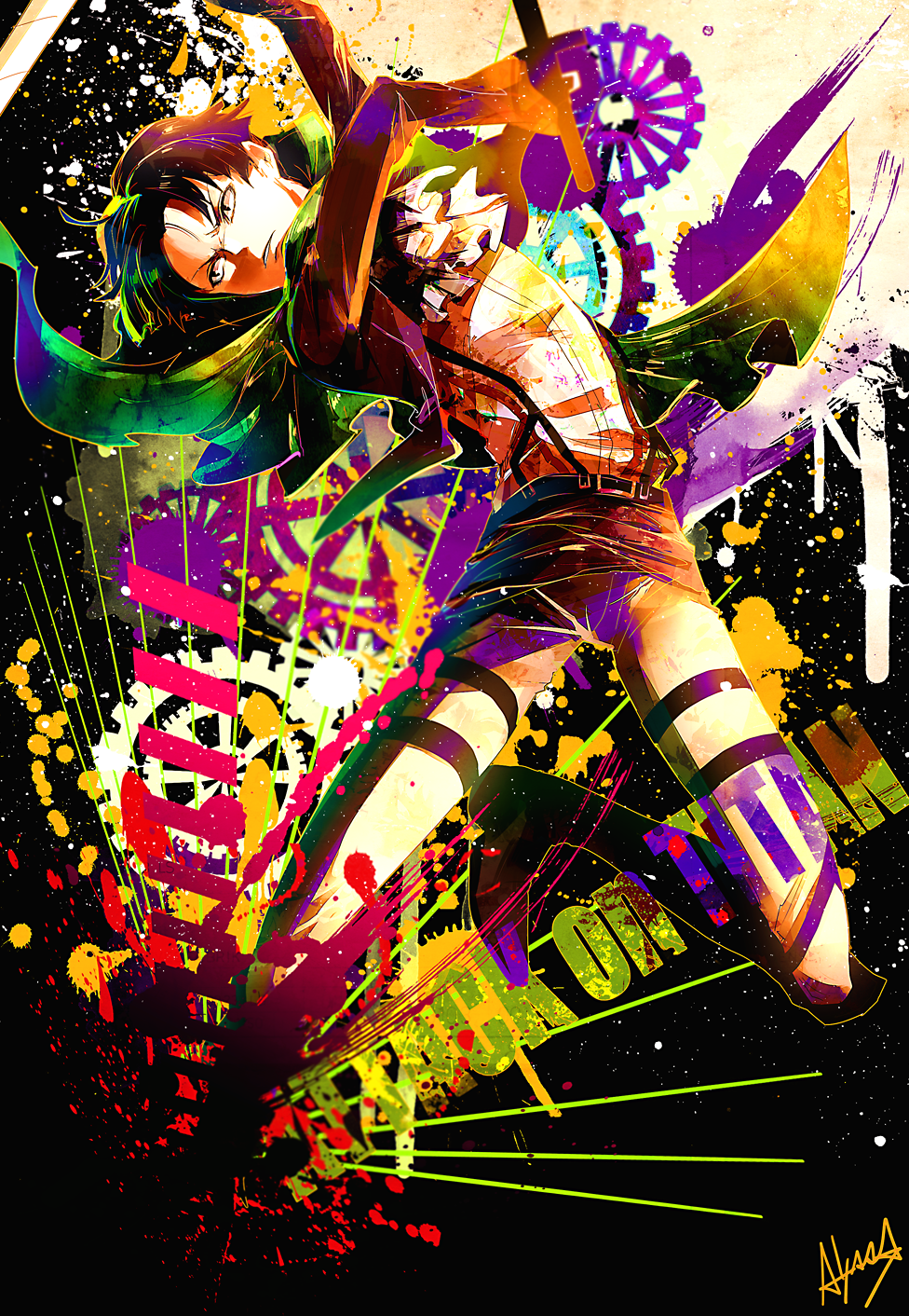1boy, action, alyssa718, ascot, belt, black_eyes, black_hair, boots, cape, colorful, dual_wielding, gears, highres, jacket, rivaille, shingeki_no_kyojin, solo, sword, thigh_strap, weapon, wire